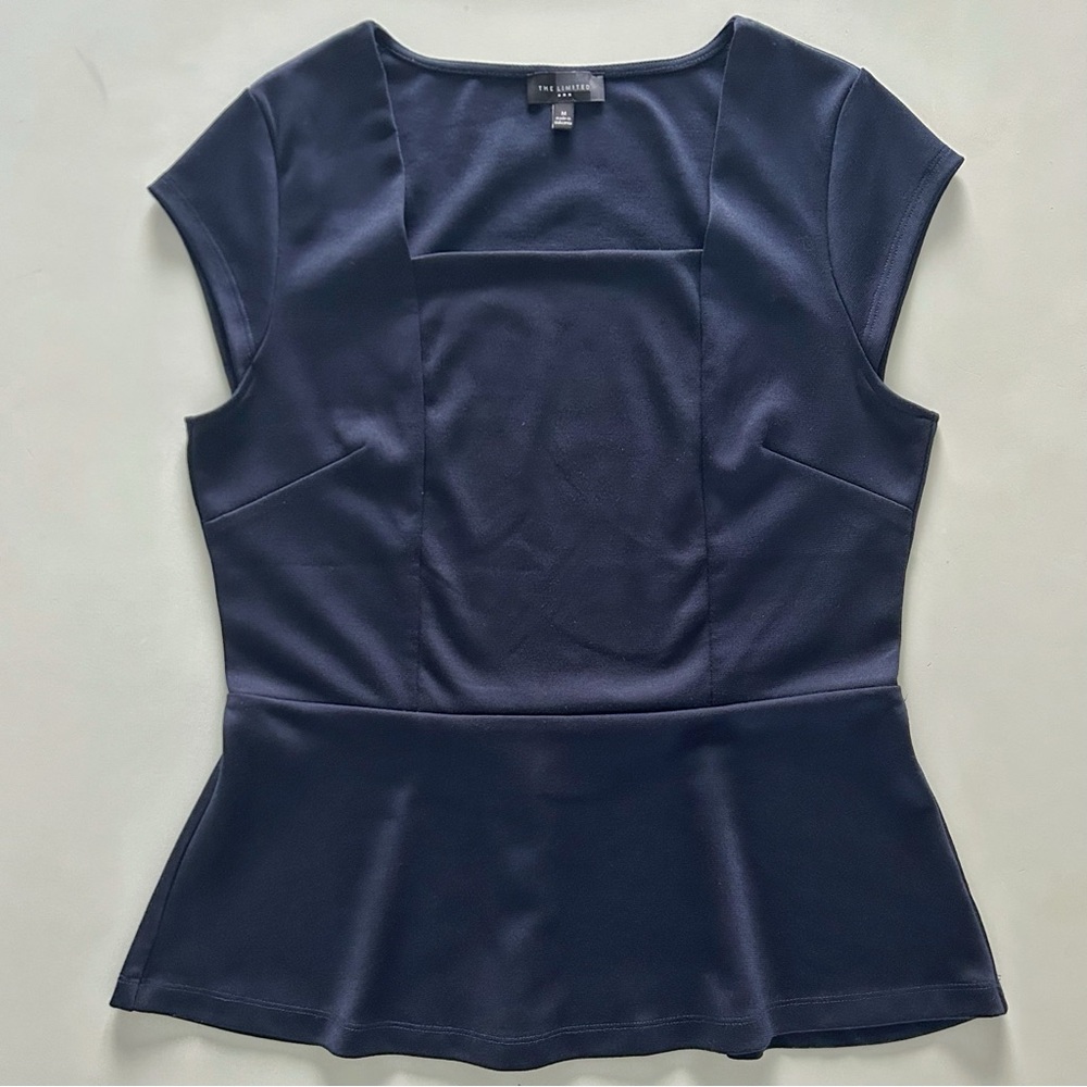 The Limited Navy Peplum Top Square Neck Cap Sleeve Fall/Winter Trend Size M